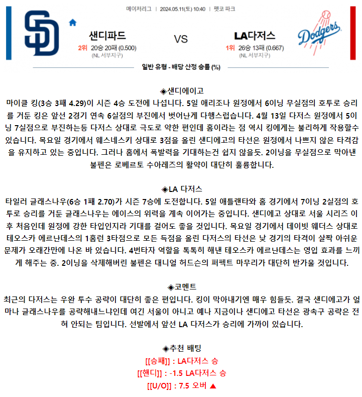 5월 11일 10:40 MLB 샌디에이고 : LA다저스 MLB분석