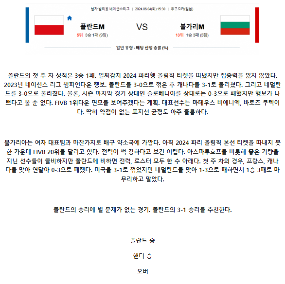 【남자배구 네이션스리그】06월04일 폴란드(M) vs 불가리아(M) 배구 스포츠분석