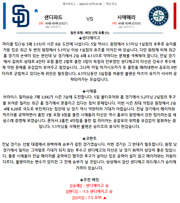 7월 11일 07:40 MLB 샌디에이고 : 시애틀 MLB분석