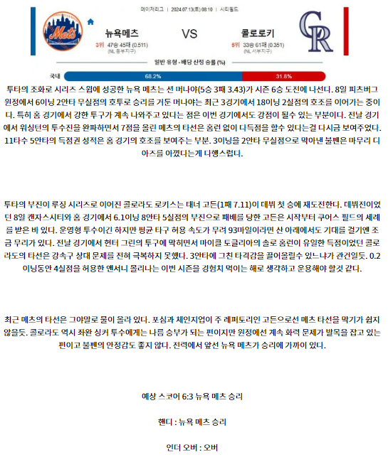 7월13일 08:10 메츠 콜로라도 MLB프로야구분석 해외스포츠