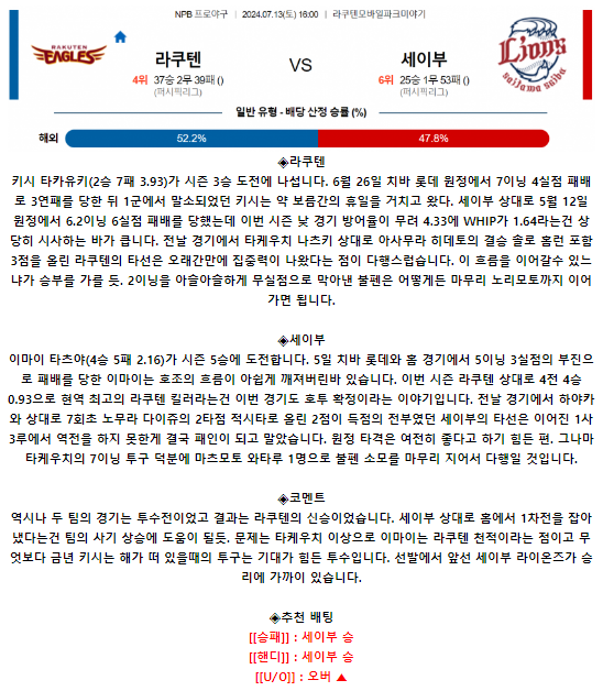 7월 13일 16:00 NPB 라쿠텐 : 세이부