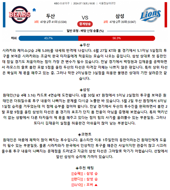 7월 13일 18:00 KBO 두산 : 삼성