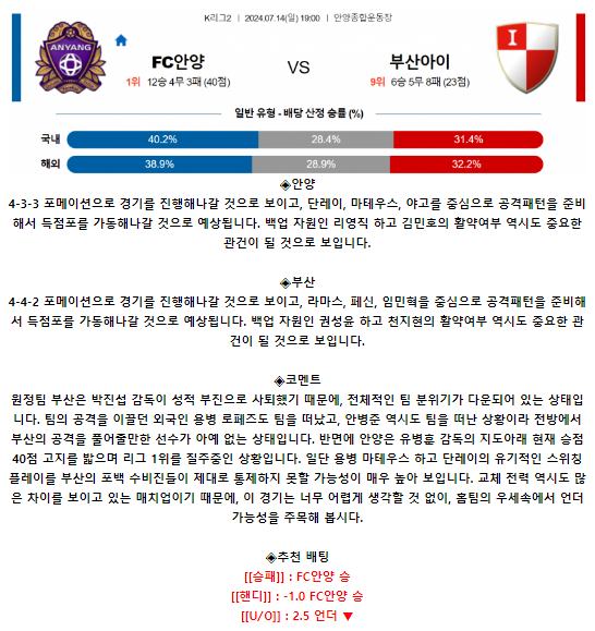 K리그2 7월 14일 19:00 FC 안양 : 부산 아이파크