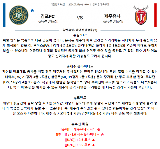 한국 FA컵 7월 17일 19:00 김포 FC : 제주 유나이티드