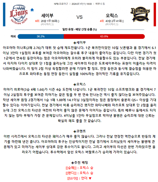 7월 17일 18:00 NPB 세이부 : 오릭스