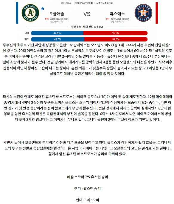 7월24일 10:40 오클랜드 휴스턴 MLB프로야구분석 해외스포츠