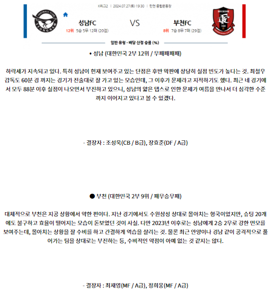 7월27일 K리그2 성남 부천 아시아축구분석 스포츠분석