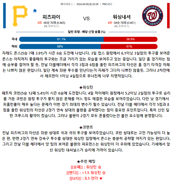 9월 9일 02:35 MLB 피츠버그 : 워싱턴 MLB분석