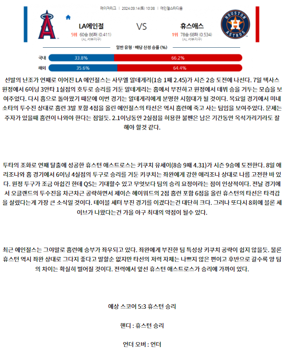 9월14일 09:40 MLB LA에인절스 휴스턴 해외야구분석 스포츠분석