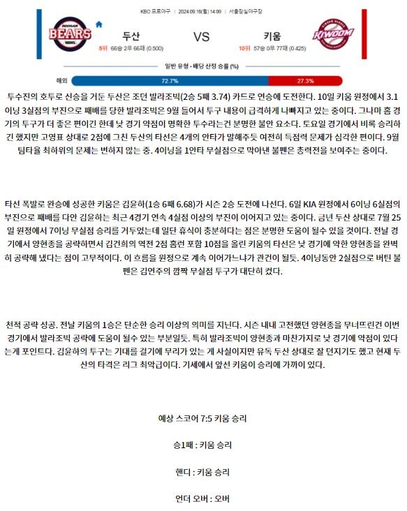 9월 16일 14:00 KBO 두산 키움 한일야구분석 스포츠분석