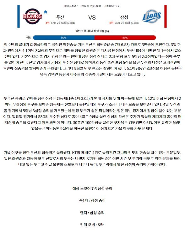 9월 17일 14:00 KBO 두산 삼성 한일야구분석 스포츠분석