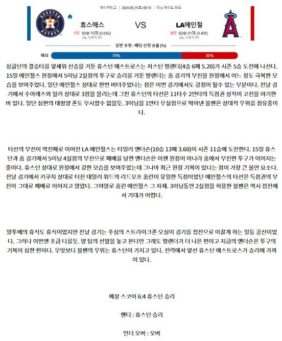 9월21일 09:10 MLB 휴스턴 LA에인절스 해외야구분석 스포츠분석