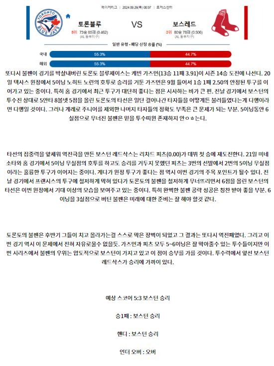 9월26일 08:07 MLB 토론토 보스턴 해외야구분석 스포츠분석