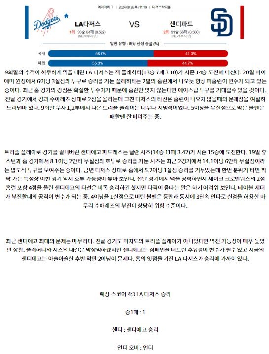 9월26일 11:10 MLB LA다저스 샌디에이고 해외야구분석 스포츠분석