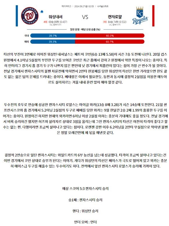 9월27일 MLB 워싱턴 캔자스시티 해외야구분석 스포츠분석