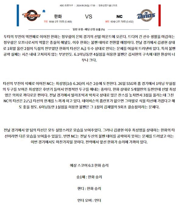 9월 29일 17:00 KBO 한화 NC 한일야구분석 스포츠분석