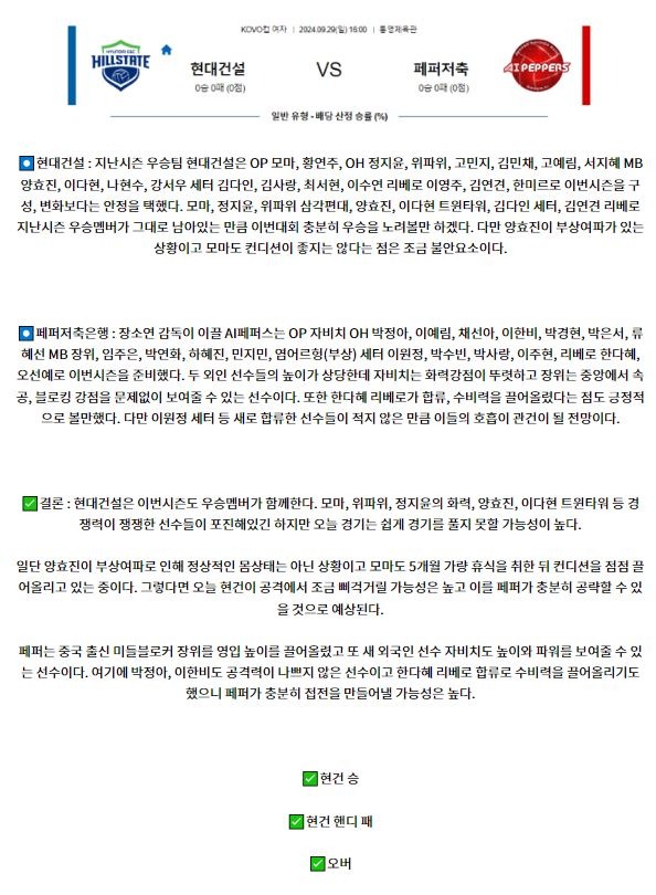 9월29일 KOVO 컵 현대건설 페퍼저축은행 국내배구분석 스포츠분석