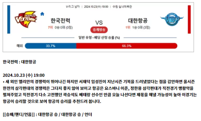 10월 23일 KOVO남 한국전력 대한항공