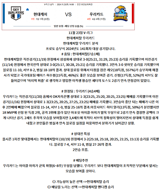 11월 23일 V-리그 현대캐피탈 우리카드 국내배구분석 스포츠분석