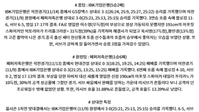 11월 17일 V-리그 (여) IBK기업은행 페퍼저축은행 국내배구분석 스포츠분석