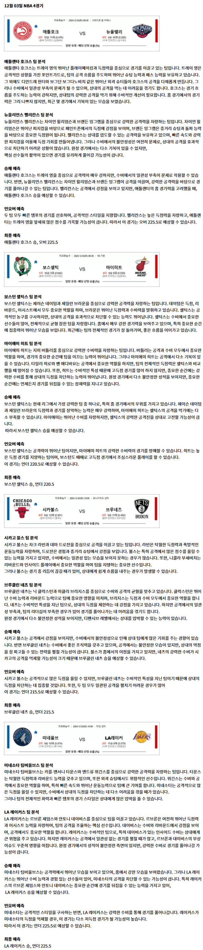 12월 03일 NBA 4경기