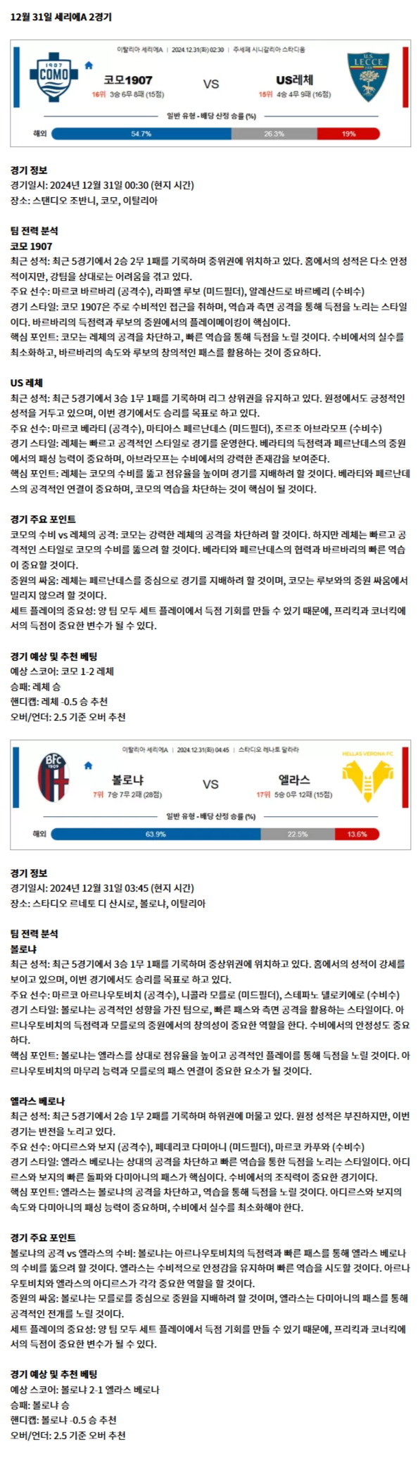 12월 31일 세리에A 2경기