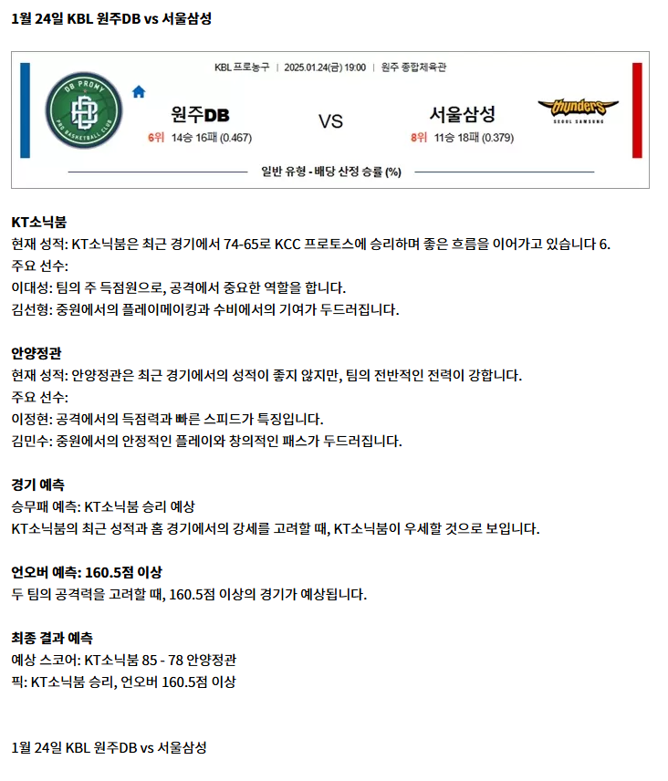 1월 24일 KBL 원주DB vs 서울삼성