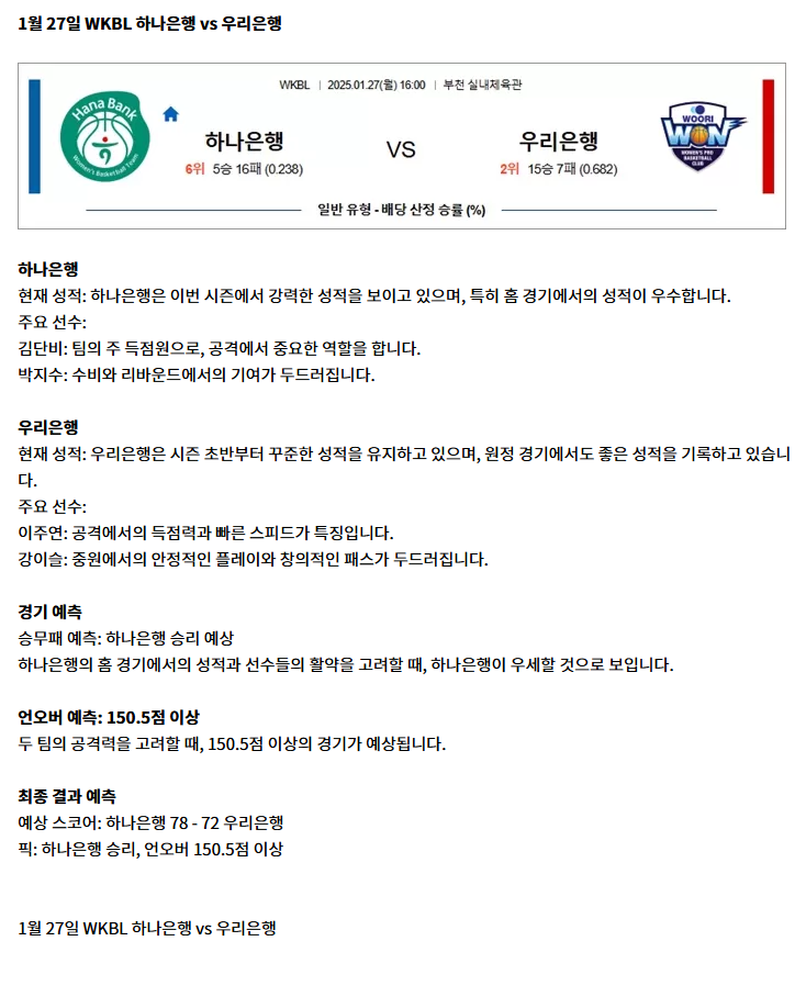 1월 27일 WKBL 하나은행 vs 우리은행