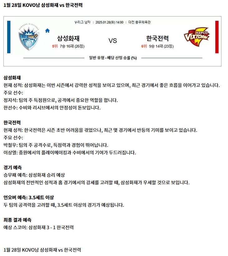 1월 28일 KOVO남 삼성화재 vs 한국전력