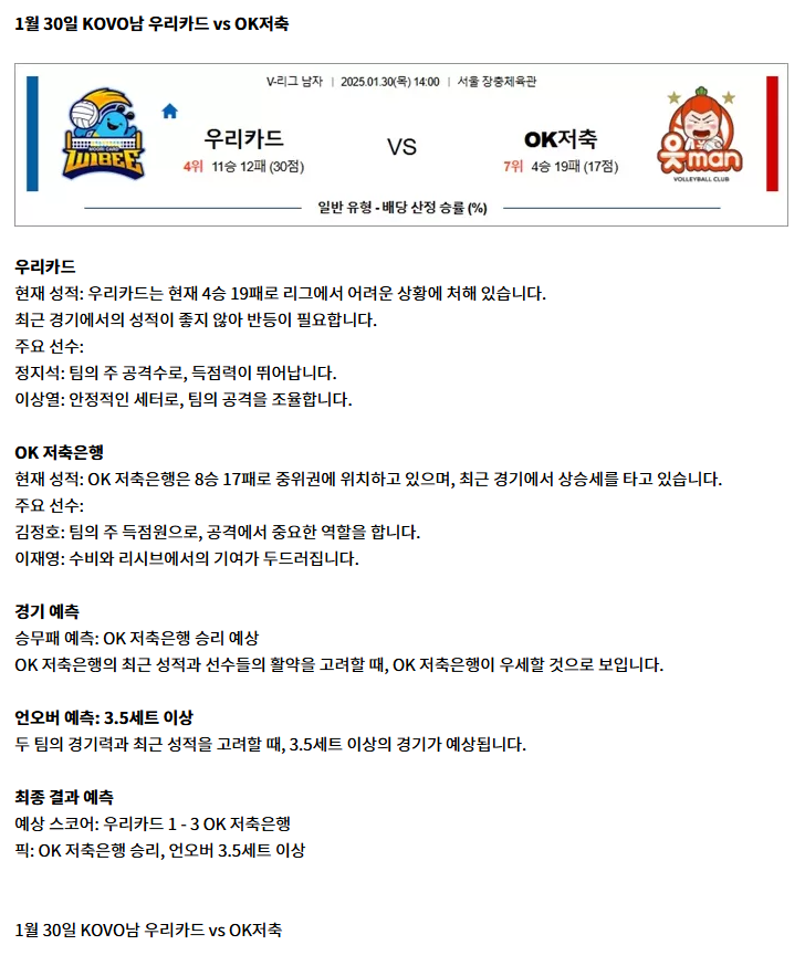 1월 30일 KOVO남 우리카드 vs OK저축