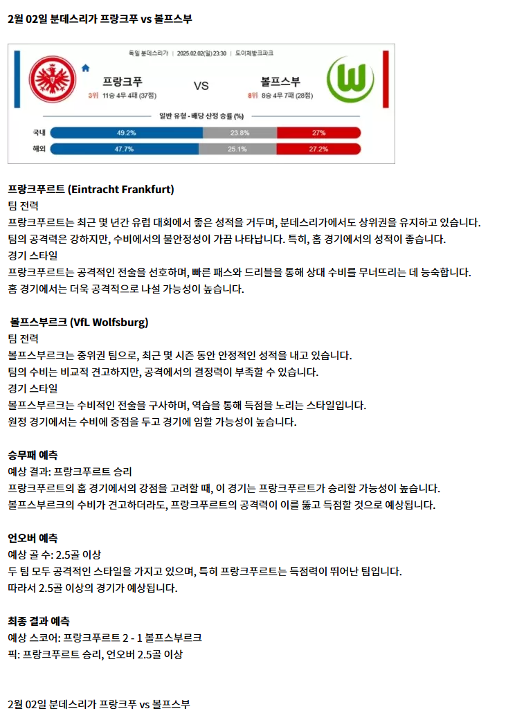 2월 02일 분데스리가 프랑크푸 vs 볼프스부