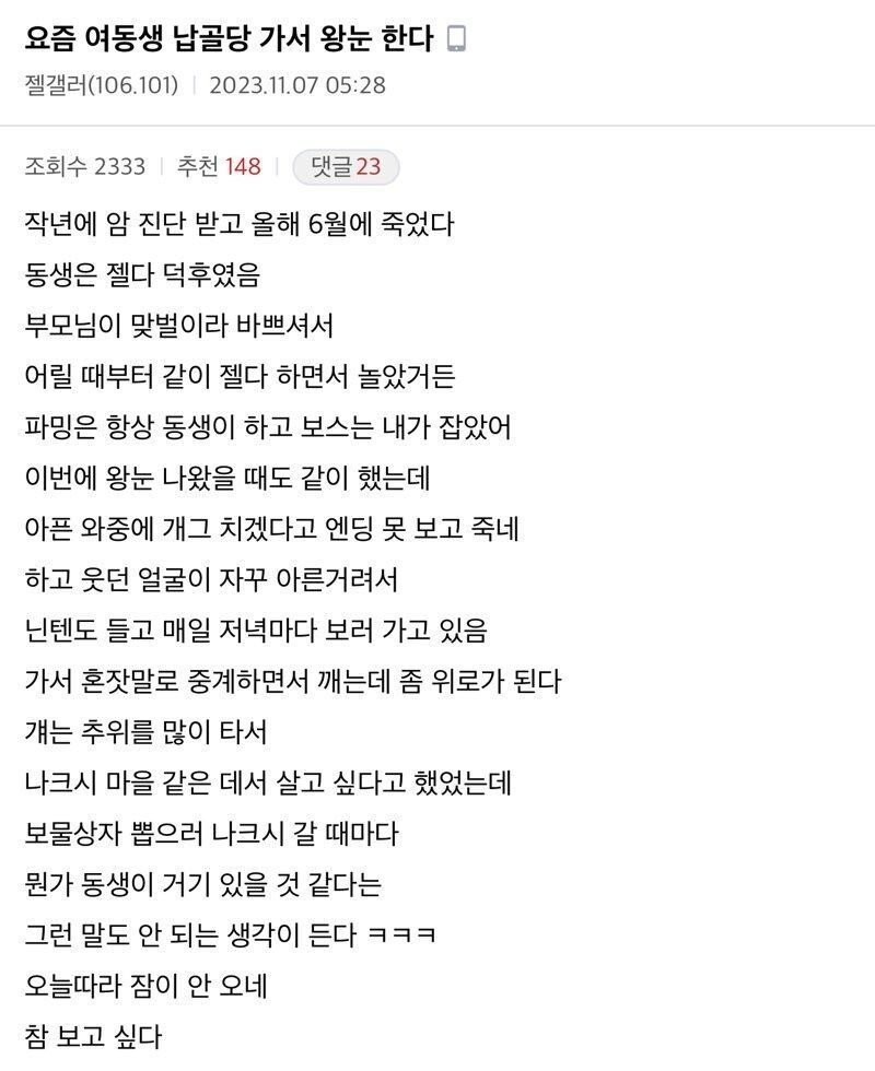 요즘 여동생 납골당 가서 왕눈 한다.jpg